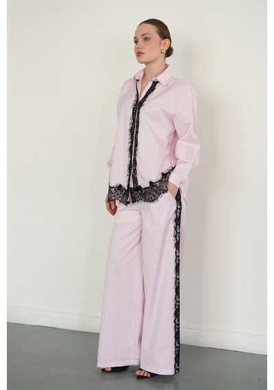 Verymoda Dantel Detaylı Çizgili Pantolon F2083 Pembe