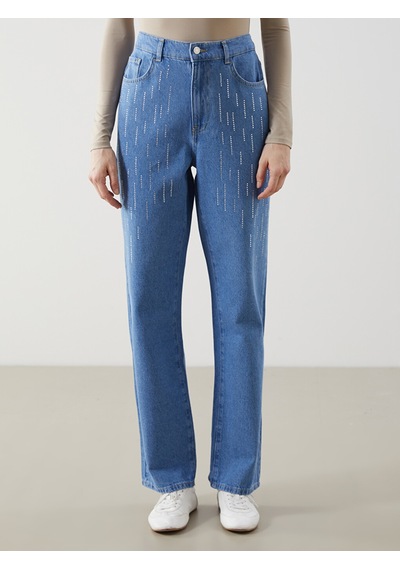 Lcw Comfort İndigo Beli Lastikli Straight Fit Taşlı Kadın Jean Pantolon
