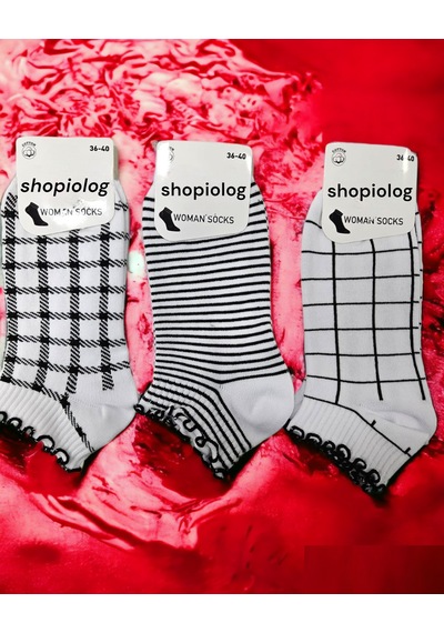Shopiolog Sevimli Marul Desenli Bilek Çorabı 3'lü Paket Siyah - Beyaz