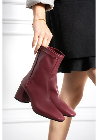 Dabab Shoes Lara Kadın Bordo Cilt Streç Küt Burun Fermuarlı 6 Cm Kalın Topuklu Bot Bootie