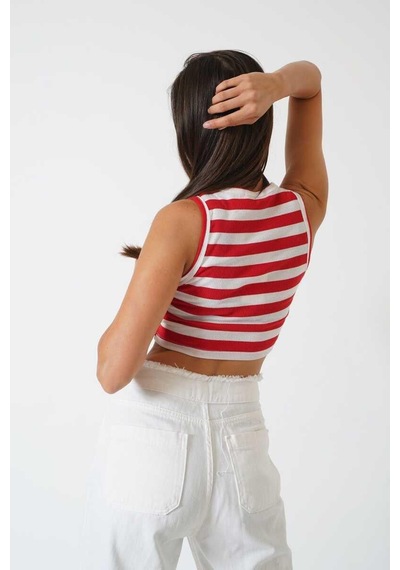 Ckm Moda Adrian Yüksek Kalite Kadın Yuvarlak Yaka Çizgili Crop Bluz Kırmızı