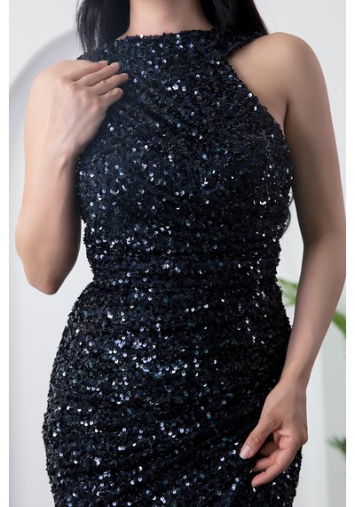 Kalopya Halter Yaka Yırtmaçlı Pulpayet Elbise Ecr5482 Lacivert