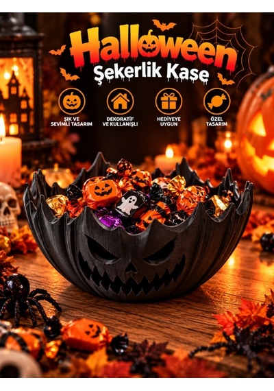 Halloween Cadılar Bayramı Dekoratif Siyah Balkabağı Şekerlik Kase