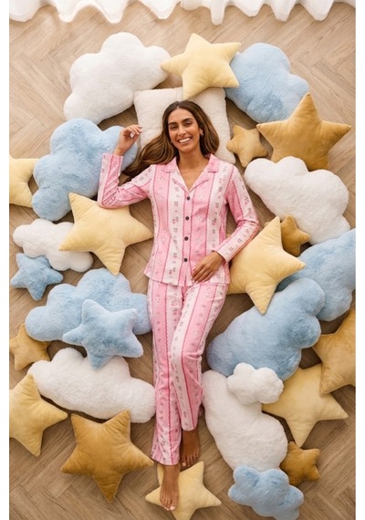 Kadın Önden Düğmeli Uzun Kollu Alt Üst Pembe Pijama Takımı
