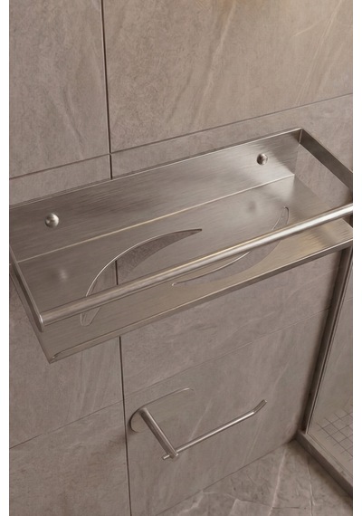 Zift Unique Paslanmaz Çelik Satine İnoks Yapışkan Montaj Banyo Rafı - Tuvalet Kağıdı Askısı Set Inox