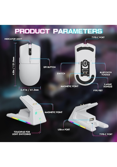 X1 Kablosuz Gaming Mouse Dokunmatik Rgb Şarj Standlı, 53g Süper Hafif Fare, Pixart Paw3395pro Sensör, 40000 Dpı, Bt/2.4g/kablolu Üçlü Mod, Windows/xbox/ps/mac Uyumlu Beyaz