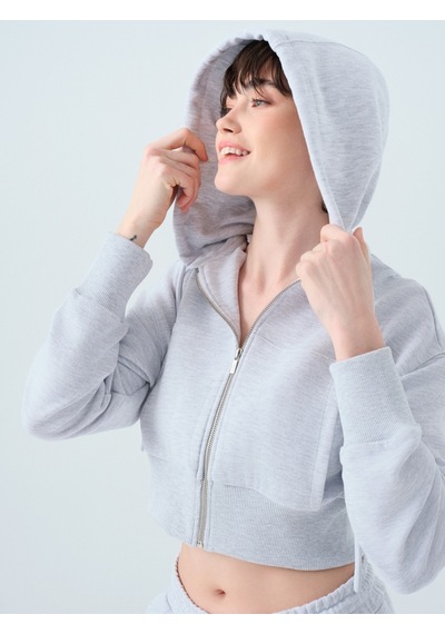 Crop Kadın Sweatshirt Gri Melanj