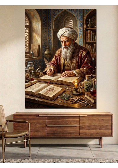 Kitap Yazarken Sarıklı Yaşlı Alim Dekoratif Kanvas - Mdf Ahşap Tablo Çok Renkli