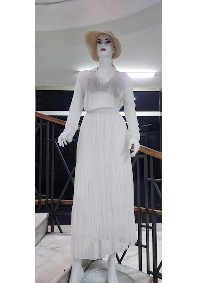 Eren Style Beli Lastikli Astarlı Uzun Şifon Etek-8960 Beyaz