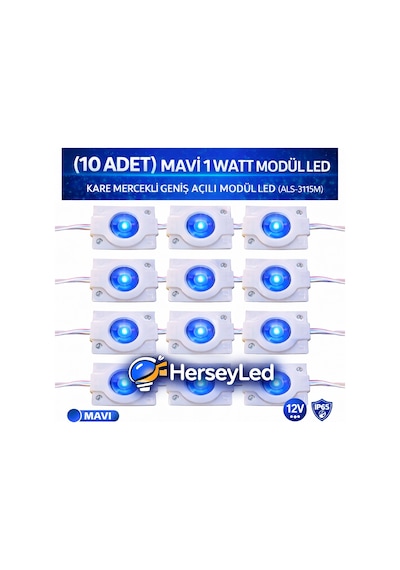 10 Adet Mavi 5630 X 1 Led Kare Mercekli Geniş Açılı Modül Led Mavi