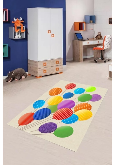 Dijital Baskılı Renkli Balon Desenli Dekoratif Yıkanabilir Kaymaz Taban Çocuk Halısı Çok Renkli