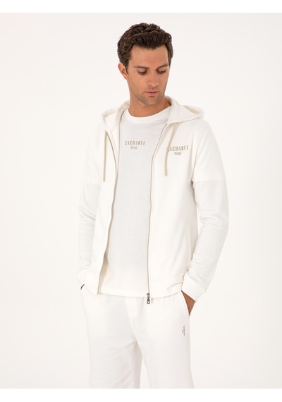 Ekru Regular Fit %100 Pamuk Tam Fermuarlı Kapüşonlu Sweatshirt Bej