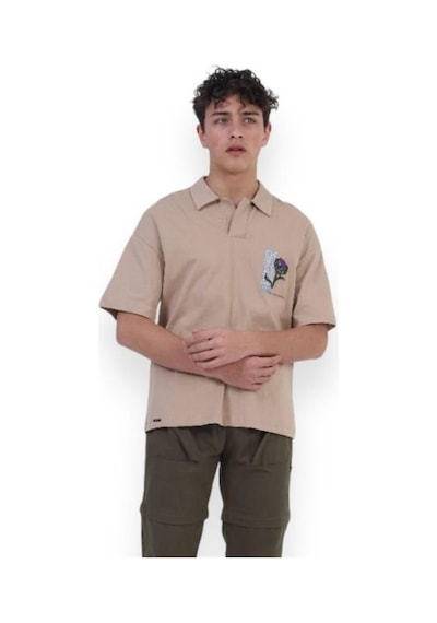 Zekids Erkek Çocuk Pamuklu Rahat Kesim Oversize Polo Yaka Tshırt-11813-bej Bej