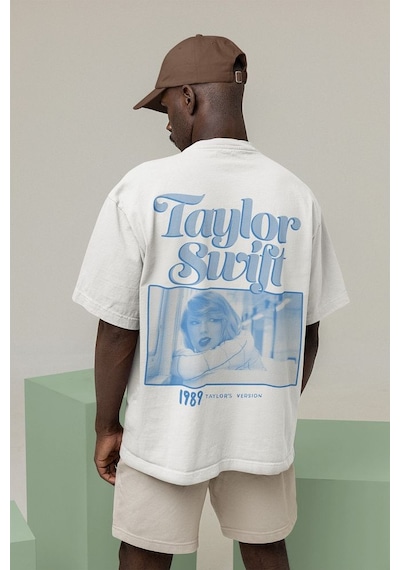 Tasarım Taylor Swift Baskılı Unisex Oversize Şarkıcı 1989 Tişört Beyaz