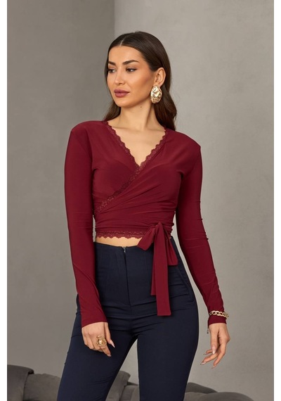 Kadın Dantel Detaylı Kruvaze Bağlamalı Crop Bluz Bordo