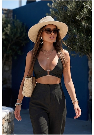 Fashion Cocktail Derin Geniş Göğüs Dekolteli Sexy Kare Metal Tokalı Dokulu Keten Seksi Sütyensiz Çamaşırsız Giyilen Crop Pantolon Tatil Yazlık Takım Set siyah