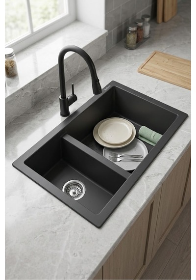 P018 Bergama 1.5 Göz Granit Evye 700 460 Mm Antrasit İsimdebelirtilmiş