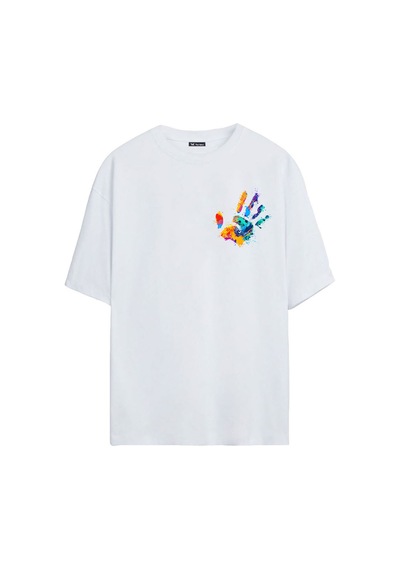 Thewert Unisex Renkli El Baskılı Beyaz Oversize Tshirt