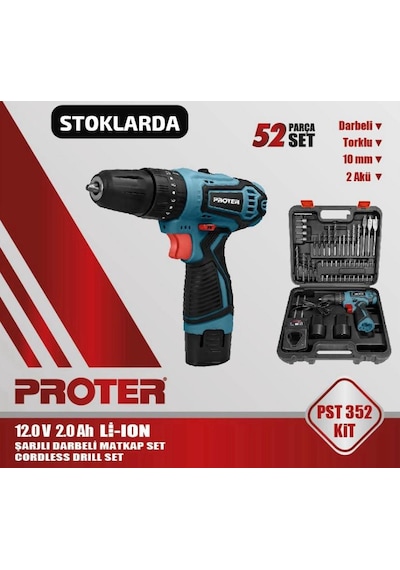 Proter PST 352 Kit Şarjlı Darbeli Matkap Seti 52 Parça