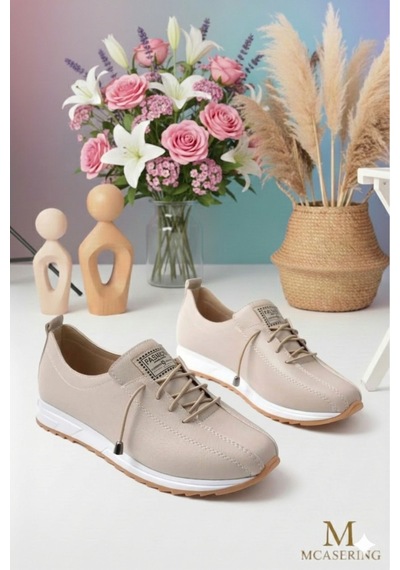 Mcaserıng Nokta Ortobetik Kadın Bacıklı Detaylı Ciltli Anne / Kız Günlük Sneaker Ayakkabı Babet Bej-zetta