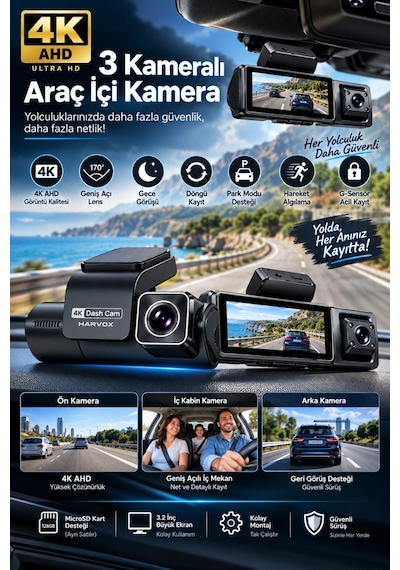 Harvox 4k Max 3 Kameralı Araç Kamerası Wifi Gps Adas Bsd 24 Saat Park Modu Gece Görüşü