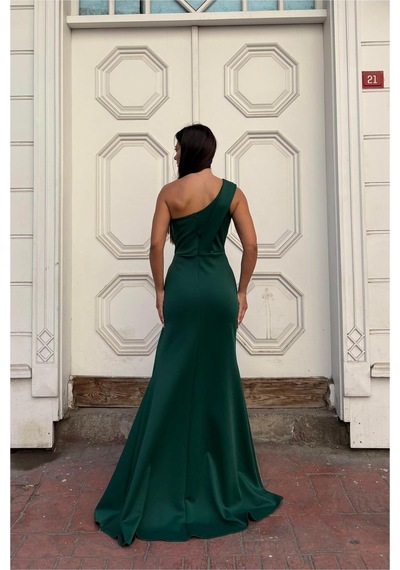 DefyModa Kadın El Emeği Tek Omuz Taş Detaylı Abiye Elbise Zümrüt