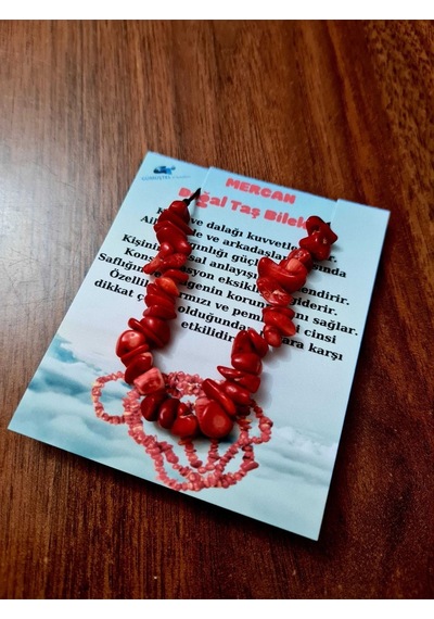 Gümüştel El Sanatları Sertifikalı Doğal Kırık Taş Mercan Taşı Bileklik Asansörlü Kilit Sistemi Kırmızı