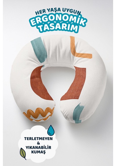 Modern Soyut Desenli Boyun Yastığı - Sanatsal Geometrik Bej Turuncu Yeşil Seyahat Yastığı Buzlu Deniz Yosun