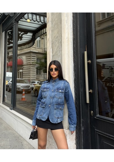 Out Of Standart Kadın Regular Fit Düğme Detaylı Denim Ceket Blue