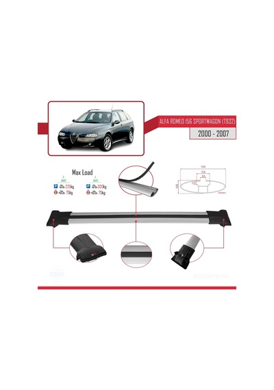 Alfa Romeo 156 Sportwagon T932 2000-2007 Arası İle Uyumlu Fly Model Ara Atkı Tavan Barı Gri 3 Adet Bar