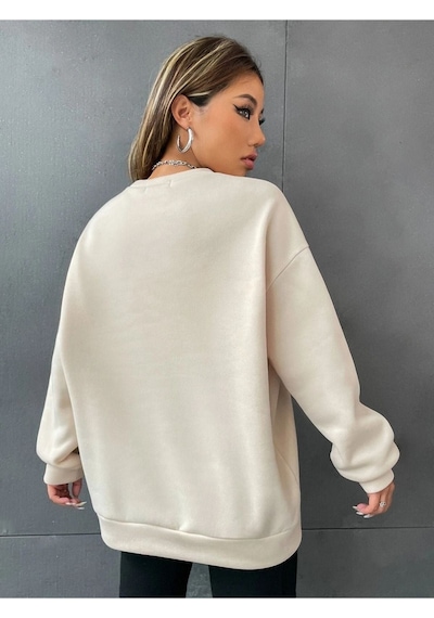 Altamira Unisex Bej London Baskılı Bisiklet Yaka Oversize Sweatshirt 001