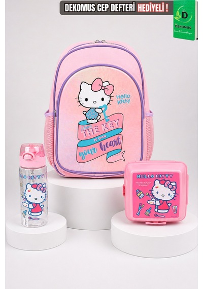 X Dekomus Heart Key Collection Hello Kitty Lisanslı İlkokul Çantası Beslenme Kabı Ve Matara Seti Açık Gri