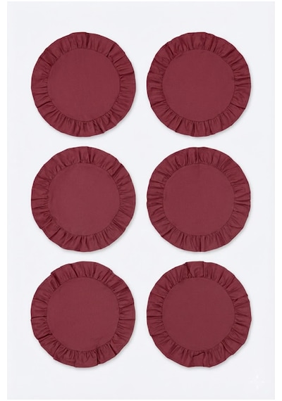 Yunusoğlu Home Pamuklu Fırfırlı Supla 6'lı Set Amerikan Servis 33 Cm Çap Supla 6'lı Bordo