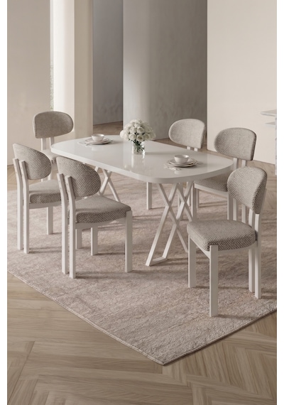 Opss 90x168 Beyaz Mdf Masa, Metal X Ayak, Metal Sandalye, 6 Kişilik Mutfak Masası Takımı Ve Yemek Masası Takımı Krem Opss 90x168 Beyaz Mdf Masa, Metal X Ayak, Metal Sandalye, 6 Kişilik Mutfak Masası Takımı Ve Yemek Masası Takımı Krem