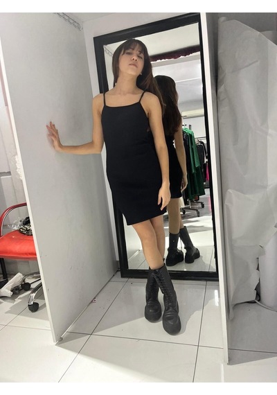 Butik Ayvitrin Askılı Mini Elbise Siyah