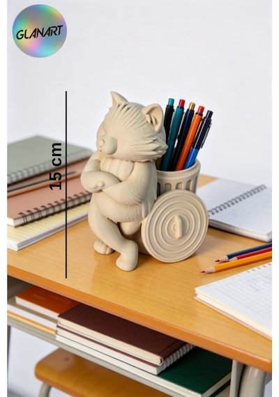 3 Boyutlu Kedi Figürlü Masa Üstü Kalemlik 3d Filament 1 Adet Bej
