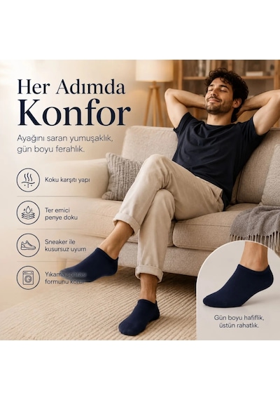 Genel Erkek Patik Çorap 6 Lı Siyah Beyaz Lacivert 39-44 Yüksek Pamuklu Dikişsiz Ko Lacivert 6'lı / 39-44