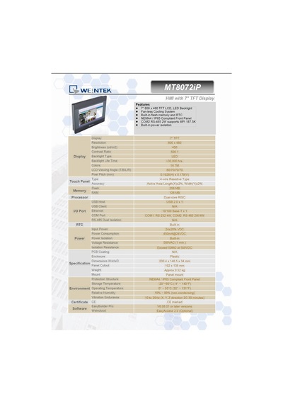 Weintek Mt8072ıp Hmı With 7" Tft Display