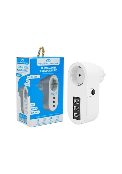Powermaster PM-4913 3xUsb'li Tekli Termal Akım Korumalı Priz Beyaz