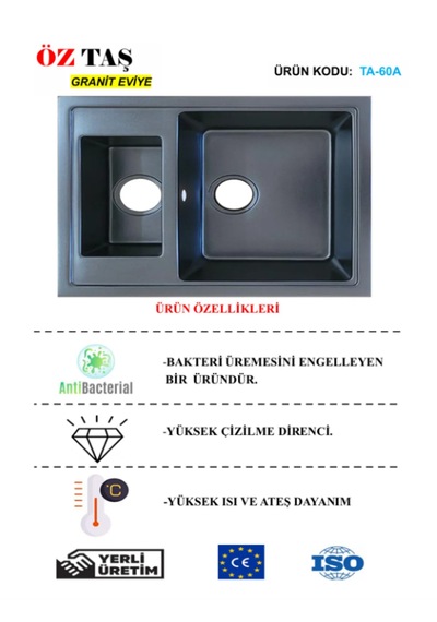 Öztaş TA-60a Granit Mutfak Eviye Antrasit Tek Gözlü 485 x 595 MM