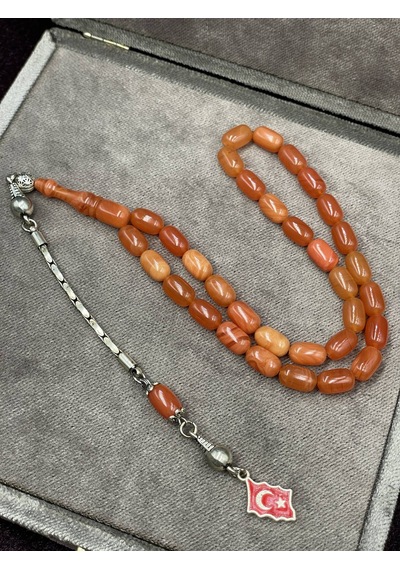 Türk Bayrağı Uçlu Turuncu Sıkma Kehribar Tesbih 7x11 Mm