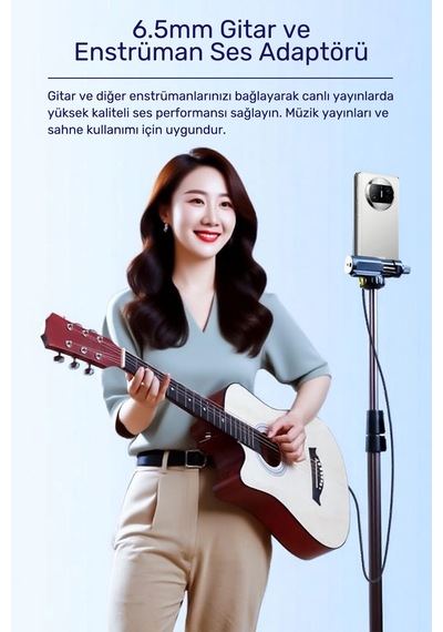 3.5mm - 6.35mm Ses Kablosu, 6.5mm Jak Dönüştürücü Audio Kablo, Gitar Amfi Mikrofon Kulaklık Elektro Piyano Uyumlu, Naylon Örgü, Altın Kaplama, Metal Gövde A583h