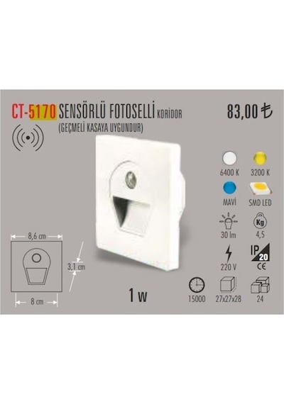 Cata Ct-5170 Sensörlü Led Koridor Merdiven Aydınlatma Gün Işığ Beyaz