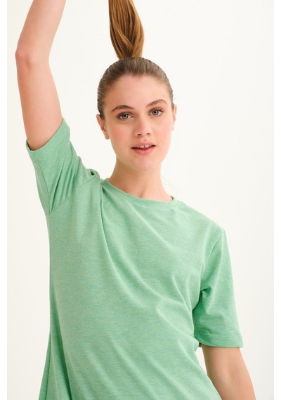Harmandar Kısa Kollu Baskısız Lakost Kumaş T-shirt Günlük Elbise Su Yeşili