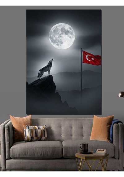 Ahşap Tablo Ay Işığında Uluyan Kurt Ve Bayrak