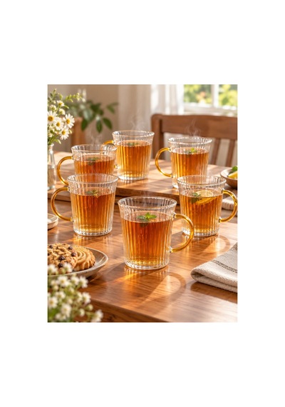 Cambu Line Serisi 6 Lı Borosilikat Cam Kupa Seti 350 Ml Gold Kulplu Çizgili Cam Kupa Çok Renkli