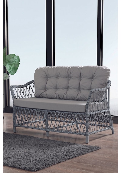 Icon Rattan Bahçe Balkon Oturma Takımı 2+1+1+camlı Masa Gri Gri