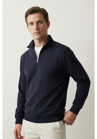 Elemge Pamuklu Erkek Sweatshirt Lacivert Soft Touch Relax Fit Yarım Fermuarlı Dik Yaka 3 Iplik Nefes Alan