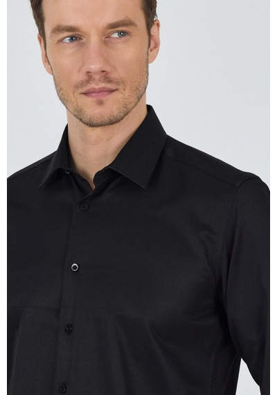 İmza Siyah Sert Yaka Düz Classic Pamuklu Slim Fit Gömlek 1004250900 Siyah