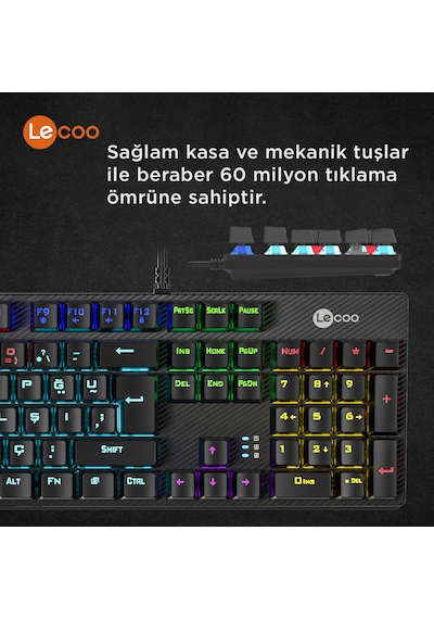 Lecoo KG1101 Kablolu Blue Switch RGB Makro Tuşlu Gaming Mekanik Türkçe Q Klavye